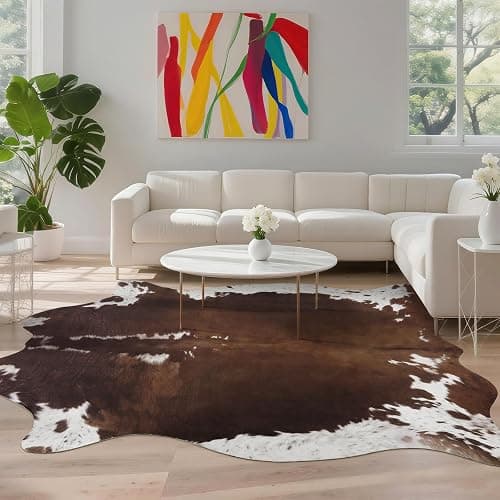 DweIke Faux Cowhide Print Rug for Living Room, 4.6 x 5.2 ft Dark Brown Western Animal Cow Hide Rugs, Non Slip Cool Cow Skin Carpet for Bedroom Dining Room Farmhouse Entrance Home Decor thumbnail 2