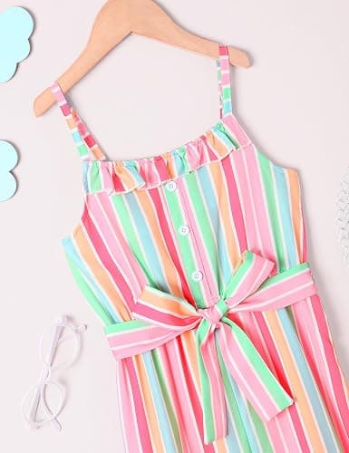 Crazyme Girls Jumpsuit Striped Sleeveless Girl Casual Rompers Suspender Wide Leg Pants with Belt Jumpsuit for Girls 4-13Y thumbnail 3