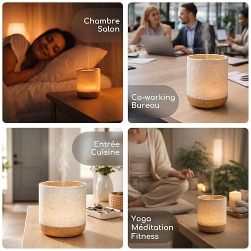 Zen’Arôme Diffuseur Ultrasonique Alesia – Diffusion Huile Essentielle à Froid Aromathérapie – Design Original, Coque en Toile de Lin et Revêtement Couleur Bois – Diffusion + Éclairage Personnalisables thumbnail 4