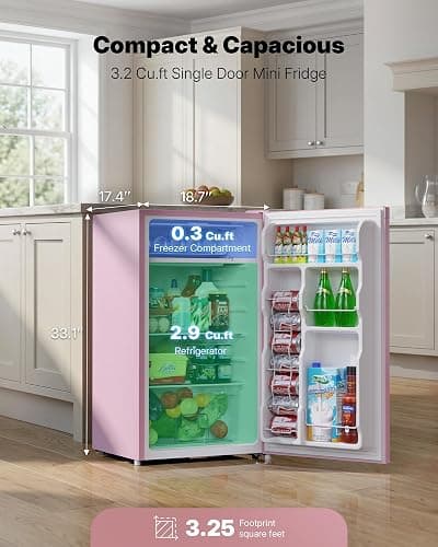 Upstreman 3.2 Cu.Ft Mini Fridge with Freezer, Single Door Compact Refrigerator, Adjustable Thermostat, Small Refrigerator for Dorm, Bedroom, Office, Pink-BR321 thumbnail 3