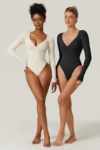 QINSEN Women's Long Sleeve Bodysuit V Neck Body Suits Seamed Cup Going Out Tops Shirt thumbnail 5