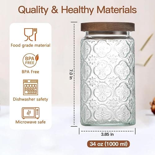 34 OZ Airtight Glass Storage Jar with Bamboo Lid - Vintage Glass Jar Vintage Food Containers Canisters Set for Kitchen Counter & Pantry - Ideal for Sugar, Flour, Coffee, Tea, Candy, Oats -2 Pack thumbnail 3