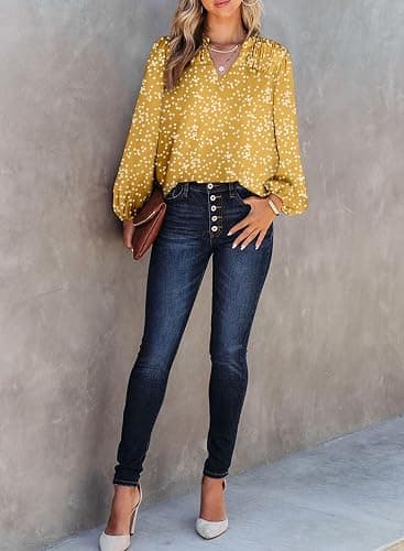 Dokotoo Women's Casual V Neck Alicia Floral Print Smocked Long Sleeve Chiffon Blouses Bohemian Top Shirts thumbnail 4