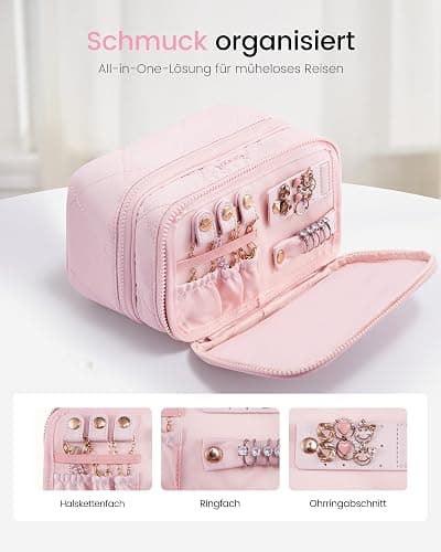 LOVEVOOK Kulturtasche Damen, Doppellagiger Puffer Kosmetiktasche Groß Kulturbeutel, Reise Leicht Make up Tasche mit Tragegriff, wasserdichte Schminktasche Waschtasche Kosmetikkoffer für Reisen, Rosa thumbnail 3