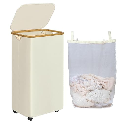 Laundry Hamper with Wheels,110L Laundry Basket with lid Rolling Clothes Basket Foldable Dirty Clothes Hamper on wheels with Bamboo Frame and Bag for Bedroom, Dorm, Laundry Room,Beige(29 Gal) - Image 1