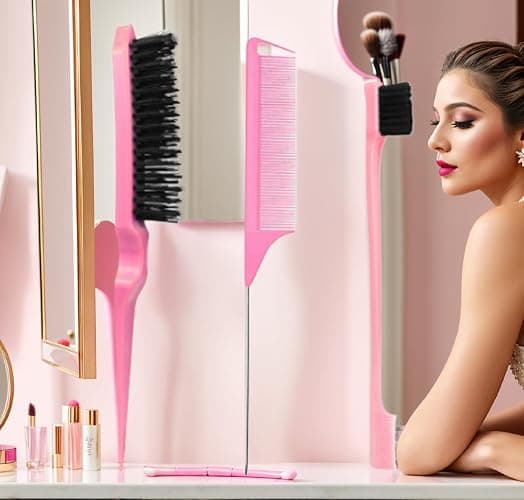 xiangwenlan Pink comb Set 3 Pcs. slick back hair brush,Slick Back Brush with Edge Brush, styling comb for kids for middle part，Rat Tail Comb, Teasing Brush Set for Smoothing brush Baby Hair thumbnail 4