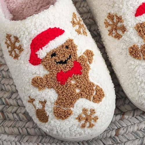 Gingerbread Man Christmas Slippers for Women Men, Cute Fuzzy House Slippers, Cozy Warm Plush Indoor Slippers, Non-slip Soft Winter Holiday Slippers, White Fluffy Xmas Slippers, Christmas Gift Slippers for Adults thumbnail 4
