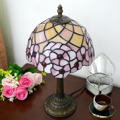 wecrejoni Tiffany Lampe, Nachttischlampe, Buntglaslampe für Schlafzimmer, Wohnheim, Küche, ästhetisches, süßes Wohndekor-Geschenk (Kirschblüten) thumbnail 8