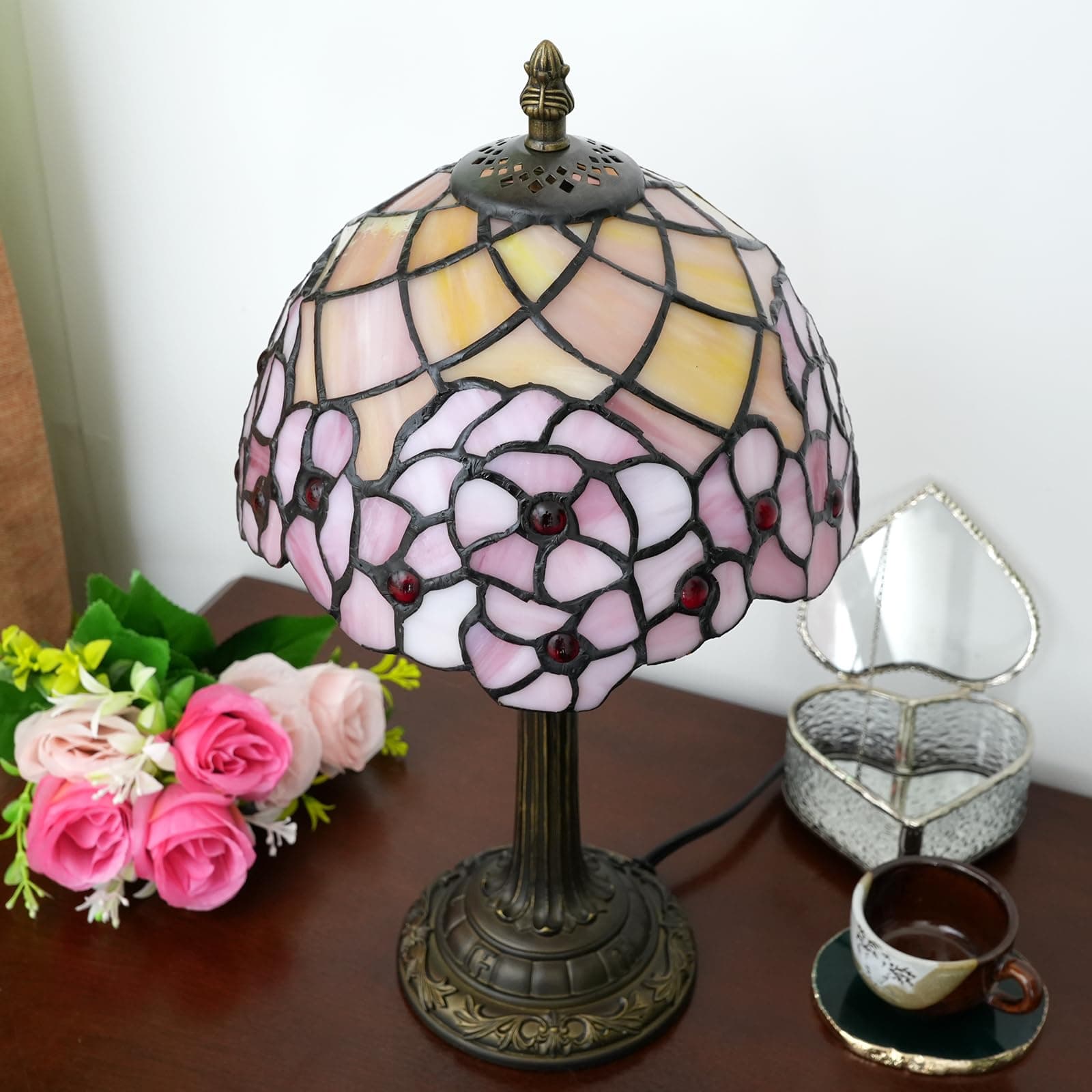 Tiffany Lamp, Bedside Lamp, Stained Glass Lamp for Bedroom Dorm Kitchen Aesthetic Cute Home Decor Gift (Cherry Blossoms) thumbnail 8