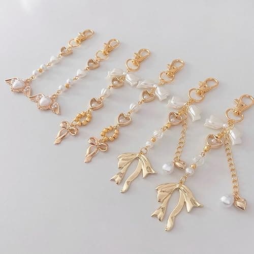 Agromusk Gold Bow Keychain Bag Charms for Women Heart Pearl Beaded Coquette Aesthetic Purse Charms thumbnail 5
