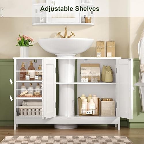 TEENFON 35.4" Pedestal Sink Storage Cabinet with 2 Doors and Adjustable Shelves, Bathroom Sink Cabinet, Under Sink Storage with U-Shape Cut-Out, White thumbnail 5