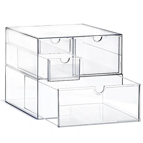 Prsildan Acrylic Drawer Makeup Organizer with 4 Drawers, Set of 2 Office Desk Organizers Accessories, Clear Stackable Storage Drawers for Vanity, Countertop, Craft, Jewelry, Art Supply Organization - Image 1