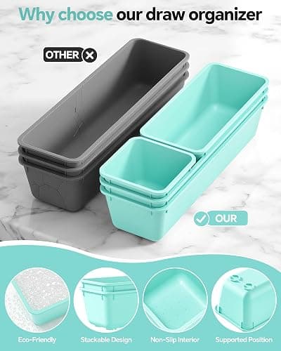 Canfanni 13 Pack Plastic Drawer Organizers Set, 3 Sizes Desk Drawer Organizer Trays for Vanity and Makeup Organizer, Organization and Storage for Makeup, Kitchen Utensils, Bathroom and Office(Blue) thumbnail 4