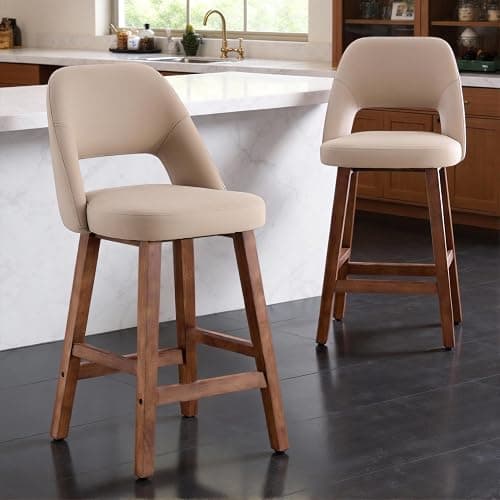 Rowill Counter Height Bar Stools Set of 4, 26 Inch Faux Leather Bar Stools with Back, Upholstered Barstools with Footrest, Wood Legs, Vegan Leather, Khaki thumbnail 3