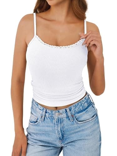 GKBK Womens Lace Tank Top Scoop Neck Ribbed Camisole Tops Adjustable Spaghetti Straps Sleeveless Summer Basic Cami Shirt thumbnail 3