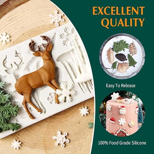 Christmas Fondant Mold Set of 5 Pieces- 3D Snowflake, Christmas Tree, Reindeer, Holly Leaf, Cupcake Topper for Cake Decorating Tools thumbnail 4