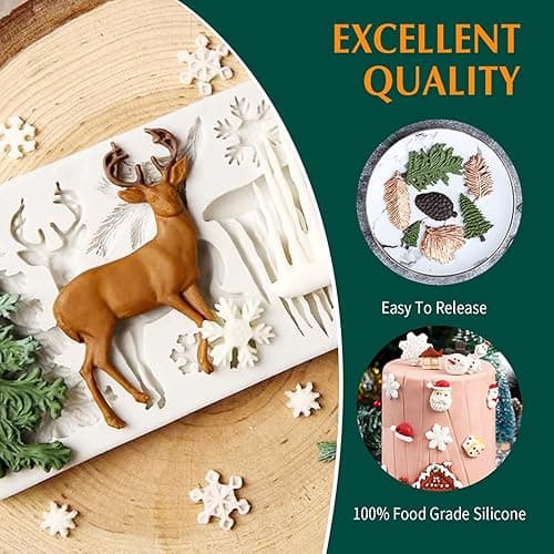 Christmas Fondant Mold Set of 5 Pieces- 3D Snowflake, Christmas Tree, Reindeer, Holly Leaf, Cupcake Topper for Cake Decorating Tools thumbnail 5