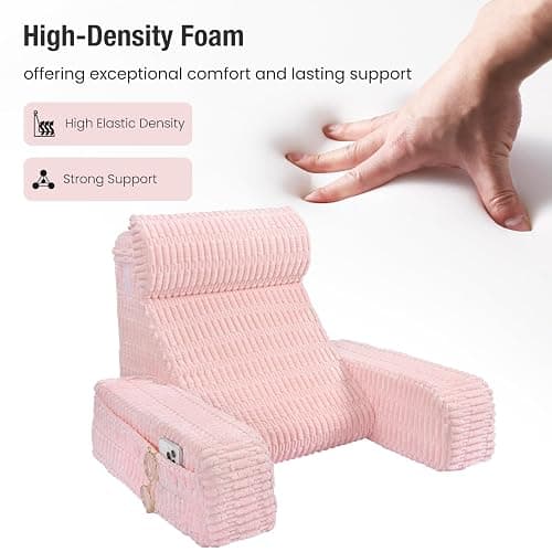 Selectico Reading Pillow for Bed Sitting Up with Large Pockets,Modern Style | 19" Supportive Backrest Cushion for Reading,Nursing,Resting,or Reclining,Stable Armrests & Washable Cover – Pink thumbnail 3