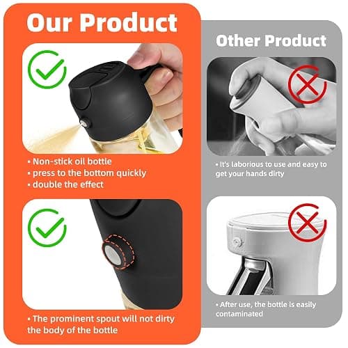 TrendPlain 16oz/470ml Glass Olive Oil Sprayer for Cooking – 2 in 1 Olive Oil Dispenser Bottle for Kitchen Gadgets and Air Fryer Accessories, Salad, BBQ - Black - Black thumbnail 6