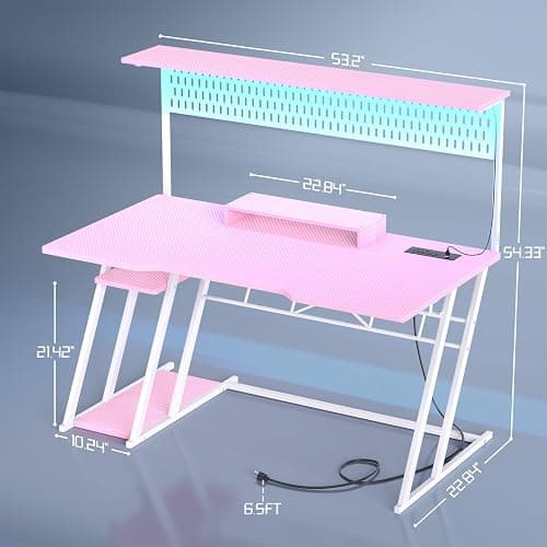 Armocity Pink Gaming Desk with Hutch and LED Lights, 53" Computer Desk with Storage Shelves, Reversible PC Gaming Desk with Pegboard, Gamer Desks for Bedroom, Carbon Fiber Surface thumbnail 3