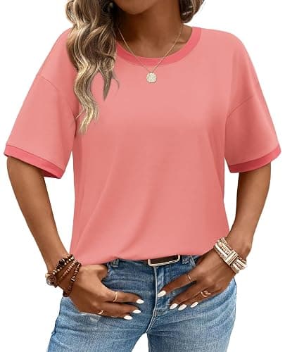 WIHOLL Womens T Shirts Loose Fit Short Half Sleeve Crew Neck Oversized Tshirts Color Block Summer Tops Fashion 2026 thumbnail 2