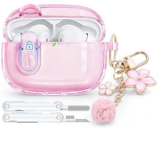 for JBL Vibe Beam 2(2025)/Beam(2023)/200TWS (2022) with Safety Lock,Pink | Clear Case with Cleaner Kit & Bling Keychain for Women Girls,Transparent Soft TPU Protective Cover,Shockproof - Image 1