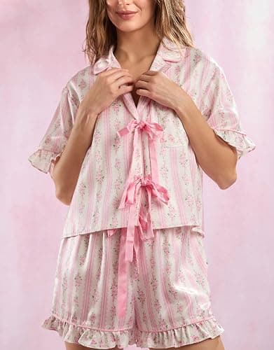 Yiulangde Women Cute Bow Tie Front Pajamas Y2k Printed Pjs 2 Piece Outfits Short Sleeve Pj Shirt and Lounge Boxer Shorts Sets thumbnail 2