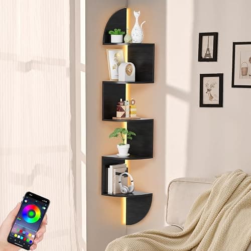 Corner Shelf, 5 Tier Bookshelf with LED Light, Corner Shelf Wall Mounted, Floating Shelves for Wall, Display Stand for Bedroom, Living Room, Bathroom, Home, Office, Black - Black - 5 Tier thumbnail 6