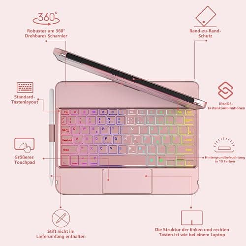 TQQ Hülle mit Tastatur für iPad A16 11 Generation 2025/10 Generation 2022(11/10.9 Zoll), mit Präzisions-Trackpad, Notebook-ähnlicher Tastatur mit 7-Farbige Hintergrundbeleuchtung, 360° Drehbar thumbnail 4