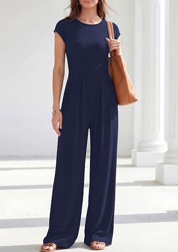PRETTYGARDEN Summer Jumpsuits for Women Dressy Casual | Soft Ribbed Fabric, Crewneck Cap Sleeve, Back Zipper, Pockets, Wide Leg Pants Rompers, One Piece Outfits, Work Office Clothes thumbnail 2