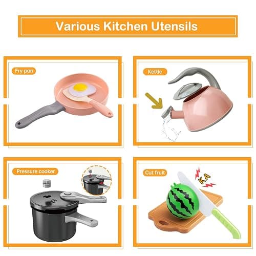 130Pcs Kitchen Playset, Toddler Pretend Cooking Play Pots, Pans, Utensils Cookware, Daily Food Fruit Veges, Shopping Storage Basket, Dessert, Prop Money, Learning Gift for Child (Pink) thumbnail 5