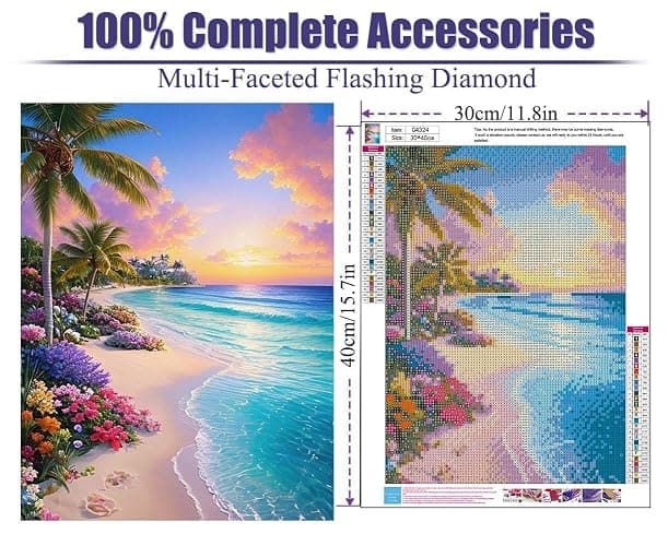 eniref Diamond Art Kits for Adults,Beach Sunset DIY 5D Round Full Drill Diamond Painting Gem Art Kits for Crafts Gift and Home Wall Decor,Flowers Coconut Trees Sea Diamond Dots Kit 12x16 Inch thumbnail 2