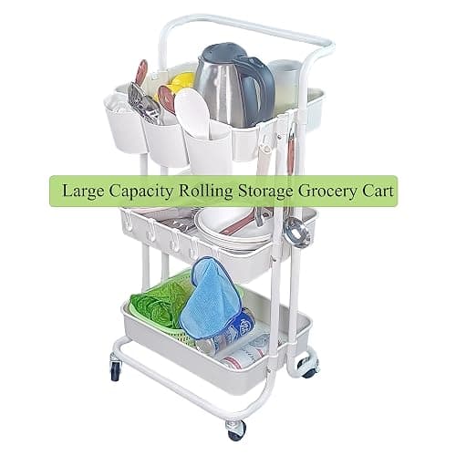 Lontenrea 3-Tier Rolling Cart Utility Storage Shelves Cart with 3 PCS Hanging Cup and 8 PCS Hook (White) thumbnail 6