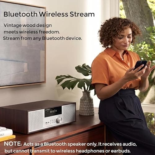 LONPOO Bluetooth Stereo System for Home, 40W CD Player with Speaker | DSP Enhanced Audio, Real Wood Enclosure,12mm Thick MDF, Aluminum Panel, 3" Woofer, Preset 20 Programmable FM Stations,Silver thumbnail 4