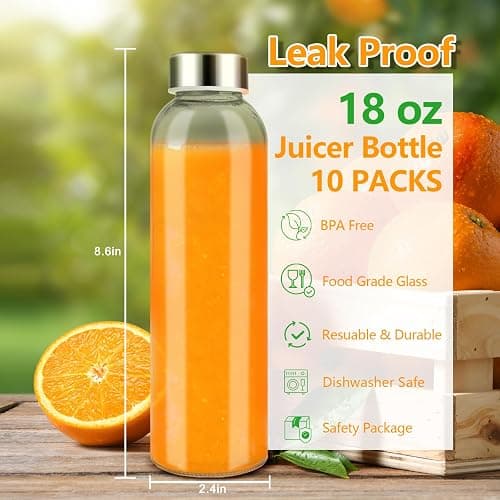 Zukro Glass Water Bottles with Lids 18 oz, 10 Pack Reusable Juice Bottles With Stainless Steel Airtight Cap for Juicing, Leak Proof Clear Drinking Jar Beverage storage container for Fridge, BPA Free thumbnail 3