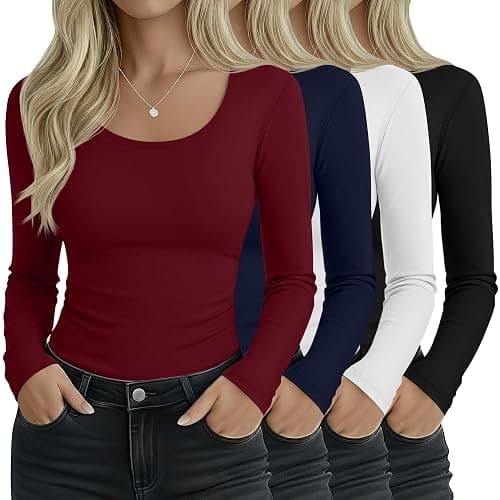 Ficerd 4 Pack Women's Scoop Neck Tops Long Sleeve Slim Fit T-Shirts Stretchy Tight Casual Plain Layering Shirts Tees - Image 1