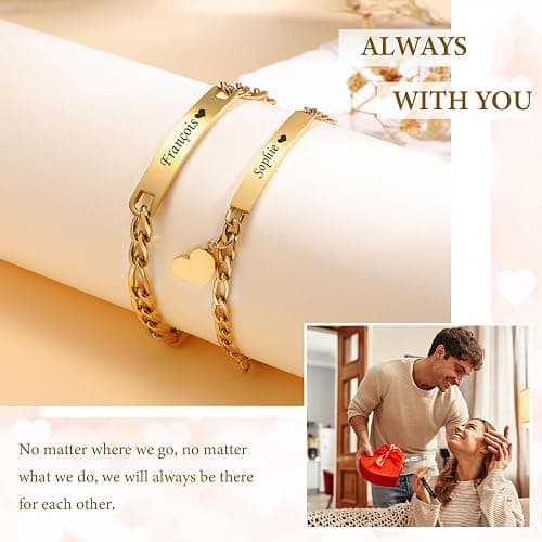 Personalized Matching Bracelet for Couple - Free Engraving Custom Couples Bracelets,Hypoallergenic Adjustable Stainless Steel Long Distance Relationship Jewelry,Promise Bracelet Gifts for Him and Her thumbnail 5