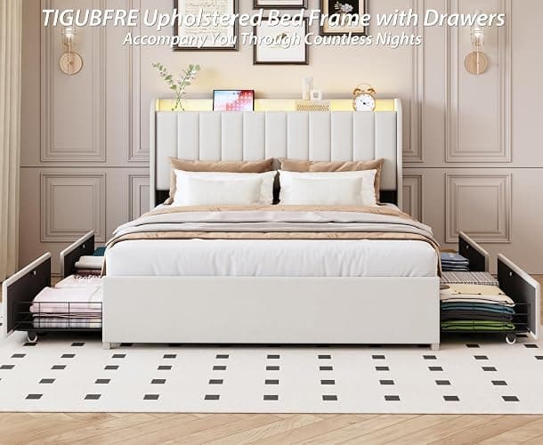 Queen Bed Frame with 4 Drawers and Storage Headboard, Upholstered Platform Bed Frame Queen Size with Led Lights and Handy Charging Station, No Box Spring Needed, Easy Assembly, Noise Free, Beige thumbnail 9