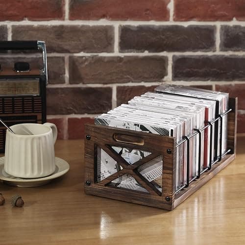 FARM IN CD Storage Holder, 5-Slot Farmhouse Industrial CD & DVD Storage Rack with Handles, Barn Door “X-Cross” Design, Rustic Solid Burnt Wood and Black Metal Wire thumbnail 2