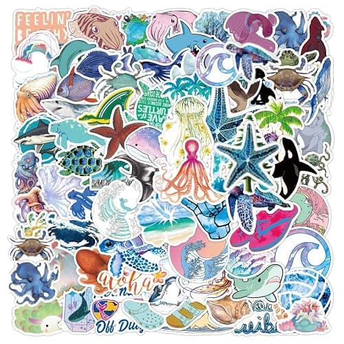 Adeela 100 Ocean Animal Stickers for Water Bottles & Laptops, Vinyl Decals, 2–3.5 in, Assorted Sea Life & Beach Designs, 100 Pack thumbnail 2