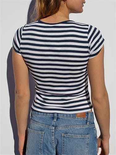 Alyweatry Women Polka Dot Striped Baby Tee Y2k Cute Graphic Short Sleeve Slim Fitted Going Out Crop Top Shirt thumbnail 2