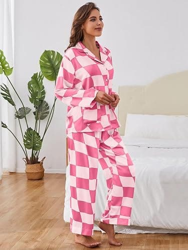 Brosloth Womens Silk Pajamas Button Up Pajama Soft Long Sleeve Satin Printed Loungewear Set thumbnail 4