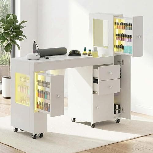 Manicure Table for Nail Tech w/ LED Light Display Cabinet, Nail Desk with Lockable Wheels, Dust Collector, Drawers, Wrist Rest, Acetone-Resistant, for Beauty Salon, Spa & Home Workstation (White) - Image 1