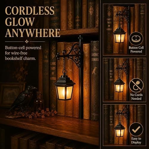 Library Lantern Mini Bookshelf Lamp, Vintage Hanging LED Book Shelf Lights | with Bookend-Style Base,Warm Decorative for Home Library,Study and Reading Corner,Enchanting Gift for Literary Lovers(3 PCS) thumbnail 4