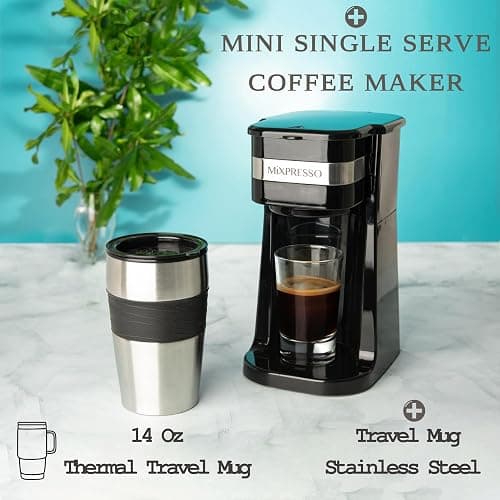 Mixpresso Black Personal Single Serve Coffee Maker with 14oz Travel Mug, Drip Small Coffee Maker with Auto Shut Off, Reusable Filter, Works with Ground Coffee Only – Not for K-Cup Pods thumbnail 6