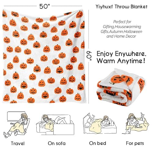 Yiyhuxf Halloween Pumpkin Face Blanket - Orange Flannel Fleece Throw for Home, Living Room, Bed, Chair Decor - 60"x50" thumbnail 4