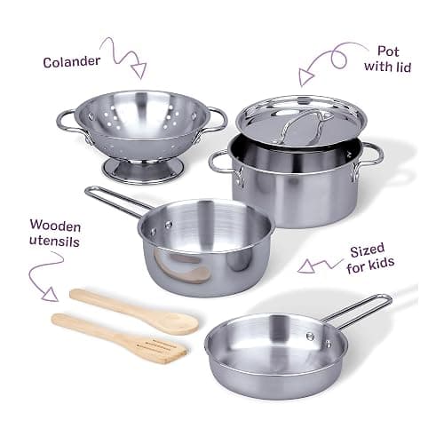 Melissa & Doug Stainless Steel Pots & Pans, 8 Piece Play Kitchen Set, Premium Play Kitchen Accessories & Cooking Utensils, Preschool Toys for Kids 3+ thumbnail 7
