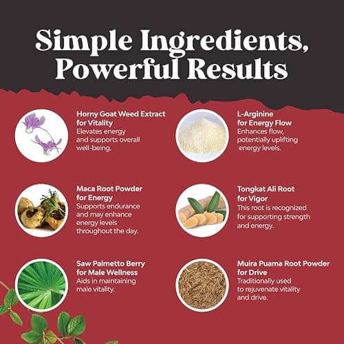 Horny Goat Weed for Men - Extra Strength Male Supplement with Black Maca Root, Tongkat Ali, Saw Palmetto & Panax Ginseng Extract for Stamina & Energy - 60 Capsules thumbnail 7