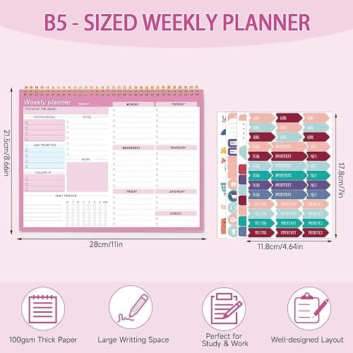 Weekly To Do List Notepad, 8.5''x11'' Weekly Desk Planner with 52 Tear Off Sheets Undated Weekly Planner, Office Accessories, College School Supplies & Essentials for Home & Work Productivity, Pink thumbnail 3