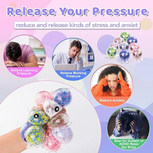 VESPRO 12 Pack Fidget Stress Balls for Adults, Cute Octopus Stress Relief Sensory Stress Ball, Bulk Squishy Squeeze Ball Toys Set for Classroom Prizes and Birthday Party Favors thumbnail 4
